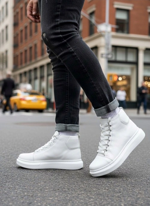 Ba0713 Bağcıklı Beyaz Yüksek Taban Erkek Tarz Spor Bot Beyaz