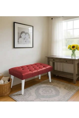 Waterybrook Bench Bank Puf - Suni Deri - Beyaz Ahşap Ayaklı - Retro Modern Tasarım & Dekoratif Sehpa Kırmızı
