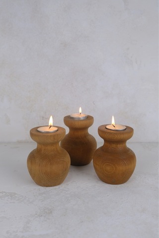 3 Lü Büyük Nar Model Tealight Ahşap Şamdan Seti Dekoratif Şamdan
