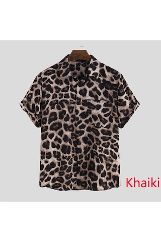 Incerun Casual Leopar Baskılı Erkek Gömlek Yaka Yaz Kısa Kollu Hawaii Gömlek Moda Baskı Üstleri Haki