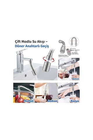 Sunup Sn-29317 Çift Hız Ayarlı Gümüş Renk Musluk Başlığı Tayzik Tasarruf Aparatı Gri