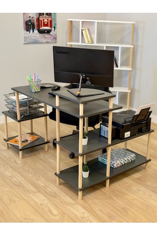 Çalışma Masası 5 Raflı Ahşap Ayaklı Dekoratif Modern Bilgisayar Ofis Masası - Antrasit - Köşe