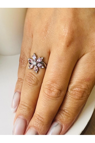 Pembe Lotus Çiçeği Detay Çelik Yüzük