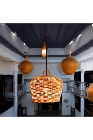 Hasır Yuvarlak Avize El Yapımı 25 Cm Sarı