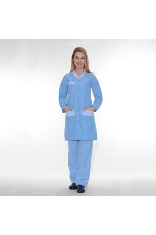 Bayan Temizlik Önlük Mavi Çizgi Garnili