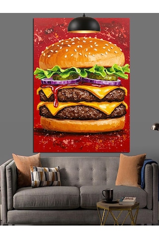 Katmanlı Dev Bir Cheeseburger Yemeği Dekoratif Kanvas - Mdf Ahşap Tablo