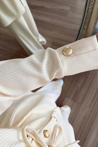 Gold Düğme Detaylı Fitilli Takım - Bej Bej