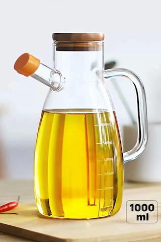 Bambu Kapaklı Cam Yağdanlık Vakumlu Borosilikat Cam Sirkelik Zeytinyağı 1000 Ml