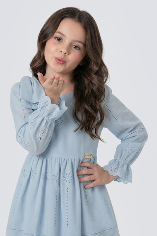Pina Kids Kız Çocuk Omzu Fiyonk Detaylı Uzun Kollu Fisto Elbise Mavi