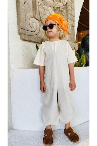 Cigit V Yaka Paça Lastikli Keten Salopet 2-7 Yaş Naturel Beyaz