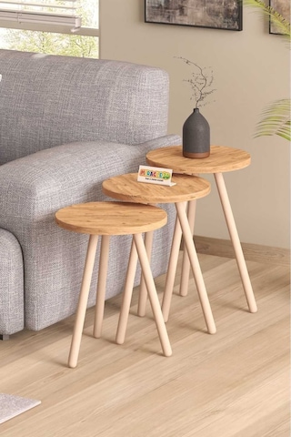 Miracle 3d Zigon Sehpa Ahşap Ayaklı Çam 3'lü Yuvarlak Atlantik