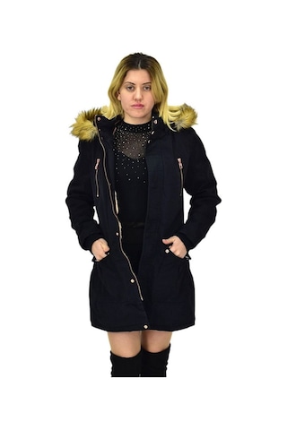 Büyük Beden Çıkarılabilir Kapüşonlu Kürk Astarlı Kadın Gabardin Kaban Siyah