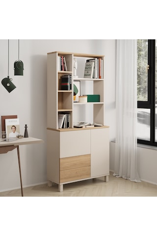 Robin Home Urban Kitaplık Raf Ahşap Ayaklı 188cm 2 Kapaklı 2 Çekmeceli Kumsal-sepet Bej