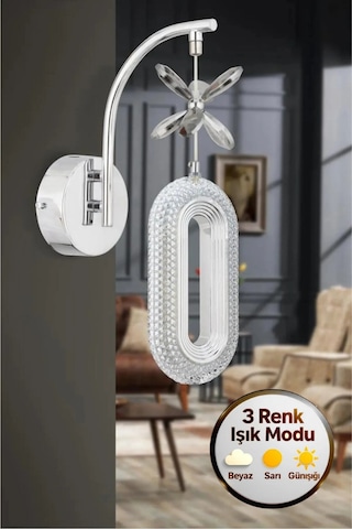 Eclipse Model Tekli Gümüş Kristal Taşlı Salon Oturma Odası Koridor Mutfak Led Aplik Gri