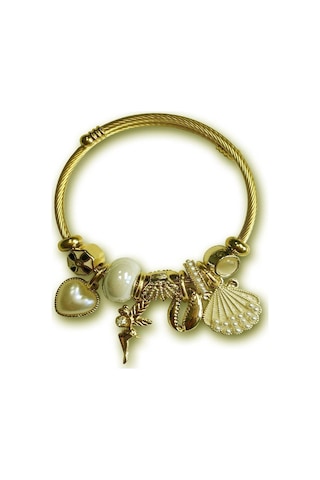 Uzel Sarı Gold Model Incili Deniz Kabuğu Charmlı Çelik Bileklik Beyaz