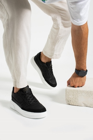 Günlük Erkek Sneaker Yüksek Kalın Tırtıklı Taban Bağcıklı Dikişli Yürüyüş Spor Ayakkabı 2029 Siyah - Beyaz