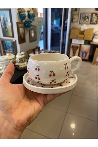 Seramik El Yapımı Fincan Takımı 2'li Set Kiraz Desenli Beyaz - Kırmızı
