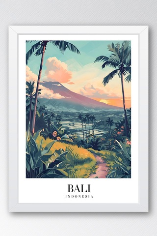 Bali Indonesia Vintage Seyahat Posteri Çerçeveli Tablo - Premium Tropikal Manzaralı Duvar Dekoru Beyaz