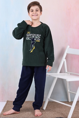 Yeni Sezon Sonbahar/kış Erkek Çocuk Skate Desenli Polar Pijama Takımı 4515 Haki Yeşili