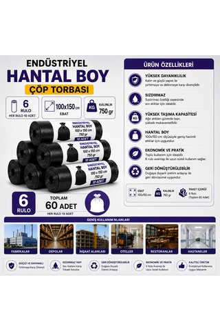 Hantal Boy Endüstriyel Çöp Torbası Siyah 100x150 Cm 700 Gr Ekstra Dayanıklı Sızdırmaz 6 Rulo / 60 Adet