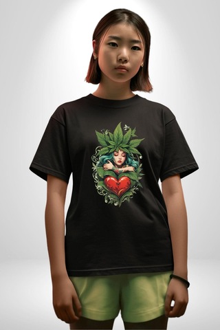 Kalp Parmak Kız Yeşillik Mutluluk Pamuklu Bisiklet Yaka Unisex Oversize Boyfriend Dijital Baskılı Siyah T-shirt Siyah