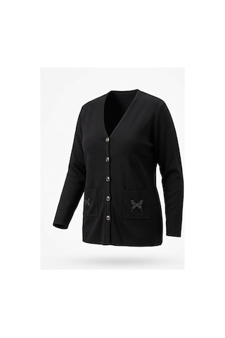 Onno Style Women Cebi Kelebek Taşlı Çelik Örgü Klasik Triko Ceket Siyah