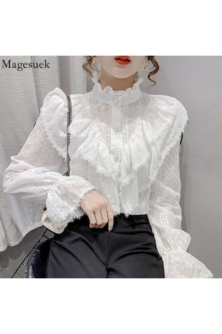 Moda Fırfır Vintage Bluz Kadınlar Zarif Uzun Kollu Dantel Gömlek Gevşek Şifon Gömlek Standı Yaka Pilili Blusas Tops 15832 Kayısı Açık Bej