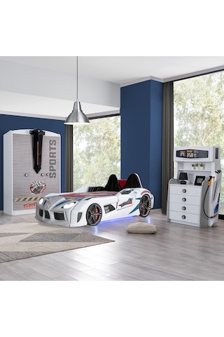 Setaymobilya Sports Çocuk Odası - Audi Arabalı Yatak, Dolap, Şifonyer - Beyaz