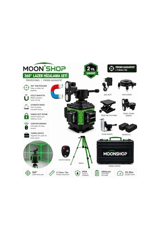Moonshop 360 Yeşil Lazer Hizalama Seti Şarjlı 16 Çizgili Tripodlu Profesyonel Lazer Terazi