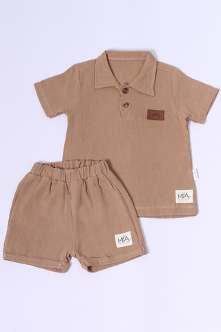 Erkek Bebek Şortlu Takım Polo Yaka Düğmeli Düz Renk E8 kahverengi
