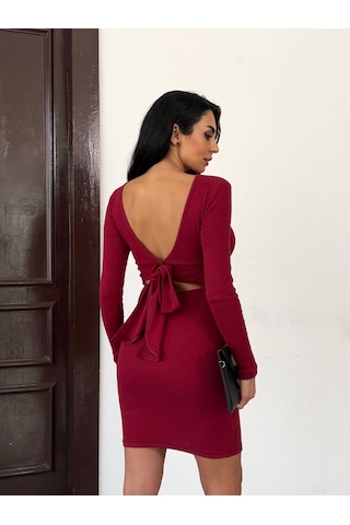 Trendhazan A Kalite Uzun Kollu Geniş Sırt Dekolteli Bağlama Detaylı Kaşkorse Kumaş Elbise Bordo