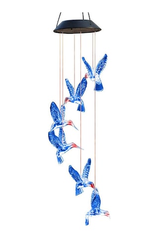 Dianziye Güneş Enerjili Renkli Bahçe Dekorasyonu, Kuş Figürlü Asılı Aydınlatma Ve Rüzgar Çanı Mavi