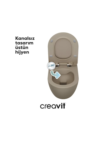 Creavit Free Kanalsız Mat Cappuccino Asma Klozet Fe322, Creavit Free Duck Duroplast Yavaş Kapak Mat Bej