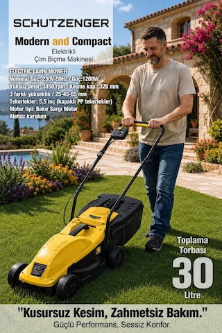 1800w Elektrikli Çim Ot Biçme Makinesi 30lt Tomlama Torbalı Sarı 12/c