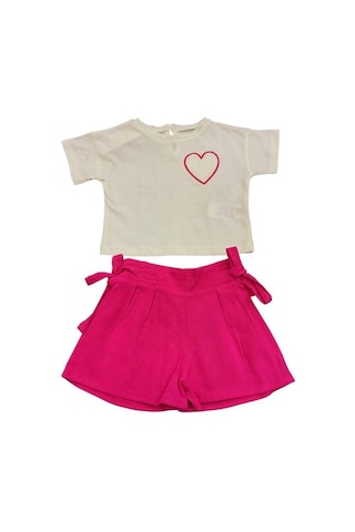 Kız Bebek Kalpli T-shirt Keten Şortlu Takım-13875 Bej