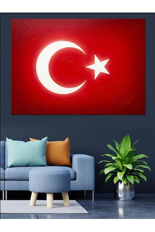 Parlak Ay Yıldız Detaylı Türk Bayrağı Dekoratif Kanvas - Mdf Ahşap Tablo