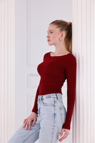 Buzzy Kumaş Uzun Kollu Kayık Yaka Bluz Bordo