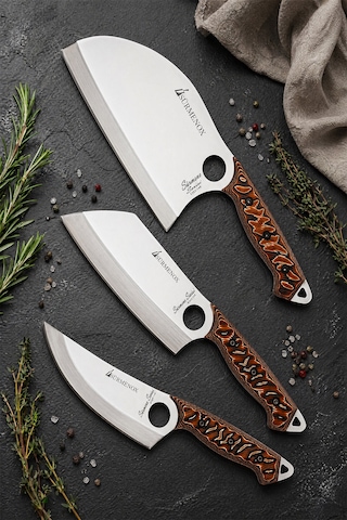 Sürmene Serisi 3 Lü Mutfak Şef Bıçağı Seti Kahve Verzalit Sap Et Sebze Kamp Outdoor Bıçak Deri Kılıflı Mft-038 Kahverengi
