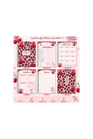 Pembe Leopar Kiraz Desenli A5 Sert Cover Kapaklı Spiralli Planlayıcı Not Defteri 80 Yaprak 160 Sayfa Çok Renkli