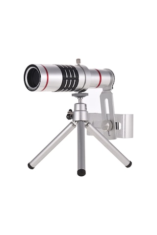 Yaozixa 18x Uzun Mesafe Telefoto Lens - Universal Telefon Kameraya Takılabilir - Gümüş Renk - Manuel Odaklama - Alüminyum Kasa + Optik Cam Lens