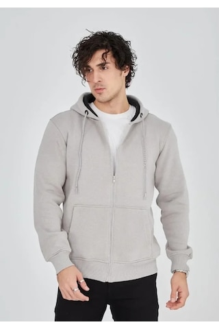 Vexor Unisex Tam Fermuarlı Kapşonlu Sweatshirt - Boyalı Gri
