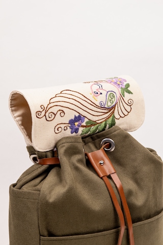 Fabric Craft Bag Sırt Çantası Kadın Nakış İşlemeli Kanvas Astarlı Haki 30x38 Cm