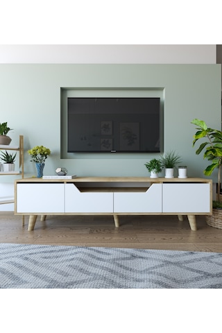 Roma Ahşap Ayaklı Tv Ünitesi Tv Sehpası Safir Meşe - Beyaz