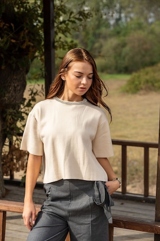 Verdeblanco Taşlı Yaka Basic Bluz Krem Krem