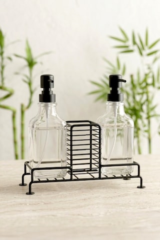 2'li Tezgah Üstü Metal Standlı Sünger Hazneli Sabunluk 500 Ml-mutfak Banyo Evye Yanı Sabunluk Seti Siyah