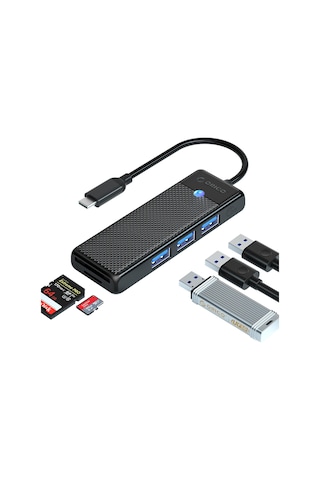 Orico PAPW3AT-C3-015-BK Type-C to 3.0 TF SD Kart Okuyucu 3 Portlu USB 3.0 Çoklayıcı Adaptör Siyah