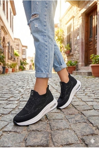 Guja 26y302-1 Rahat Air Taban Taşlı Tekstil Bağcıksız Spor Sneaker Kadın Ayakkabı Siyah