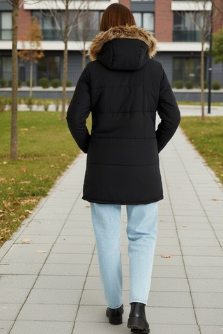 Kışlık Tasarım Suni Kürk Yaka Siyah Kadın Mont Siyah