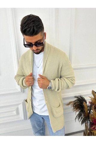 Elku Moda Hırka Örgülü Şal Yaka Cepli Lazer Kesim Yırtık Detaylı Tüylenmez Örgü Triko Hırka Krem