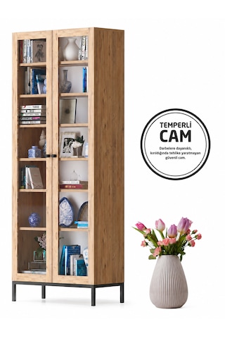 Fibona Mobilya Nova Temperli Camlı Çok Amaçlı Vitrin Kitaplık 80 35 190 Cm Membran Kapak Atlantik Çam